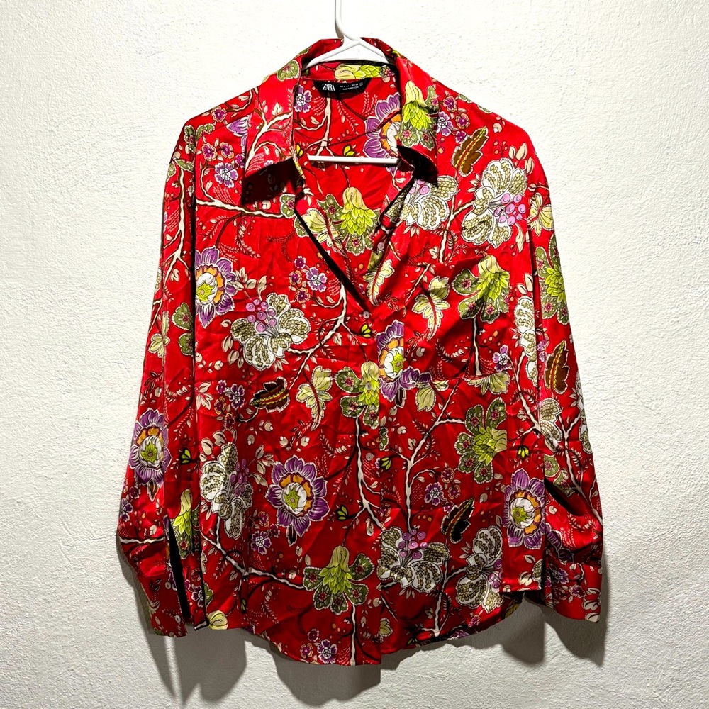 Zara Satin Red Button Down Shirt with Floral Print S